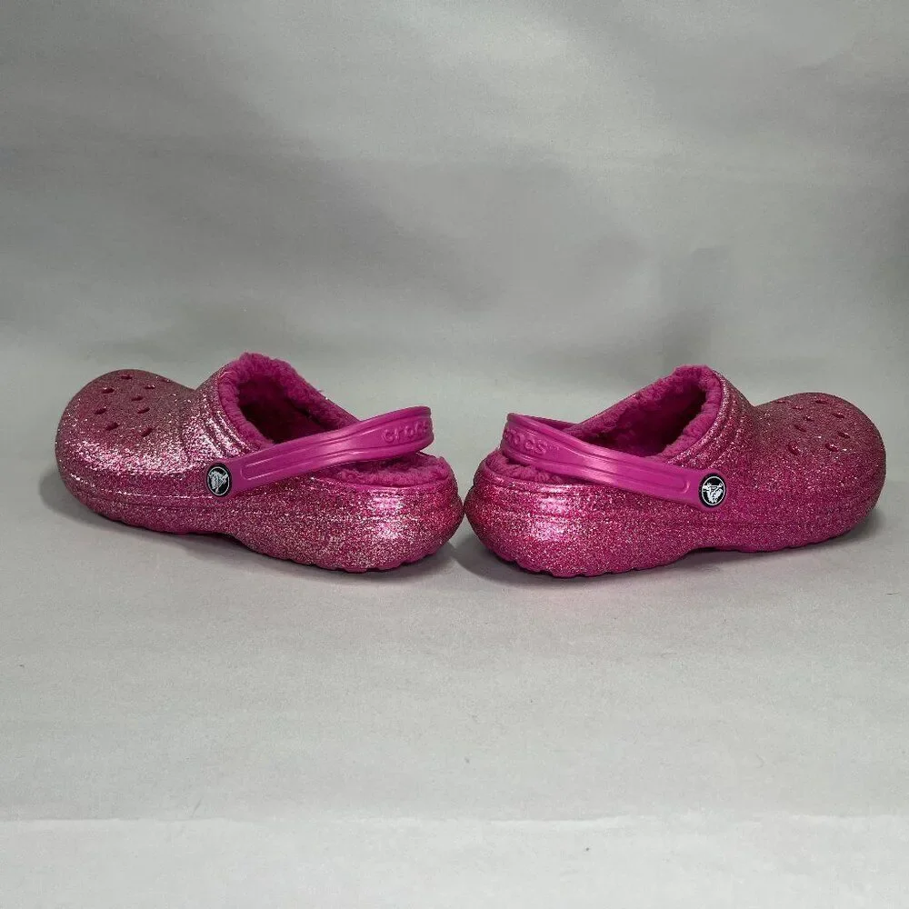 Crocs Pink Glitter Shoes Girl's Size 6 Insulated Lined‎ Slip On Clog Sandals